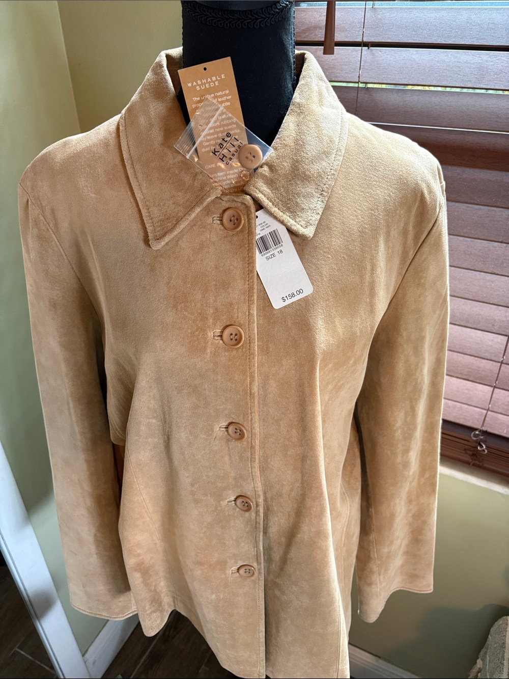 NWT Kate Hill Beige WASHABLE Suede Button-Front Jacket